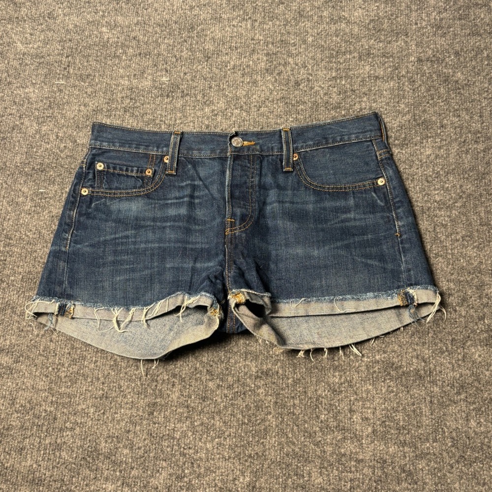 Levis 501 Original Cut Off Denim Shorts Womens size 28 Dark Blue Button Fly